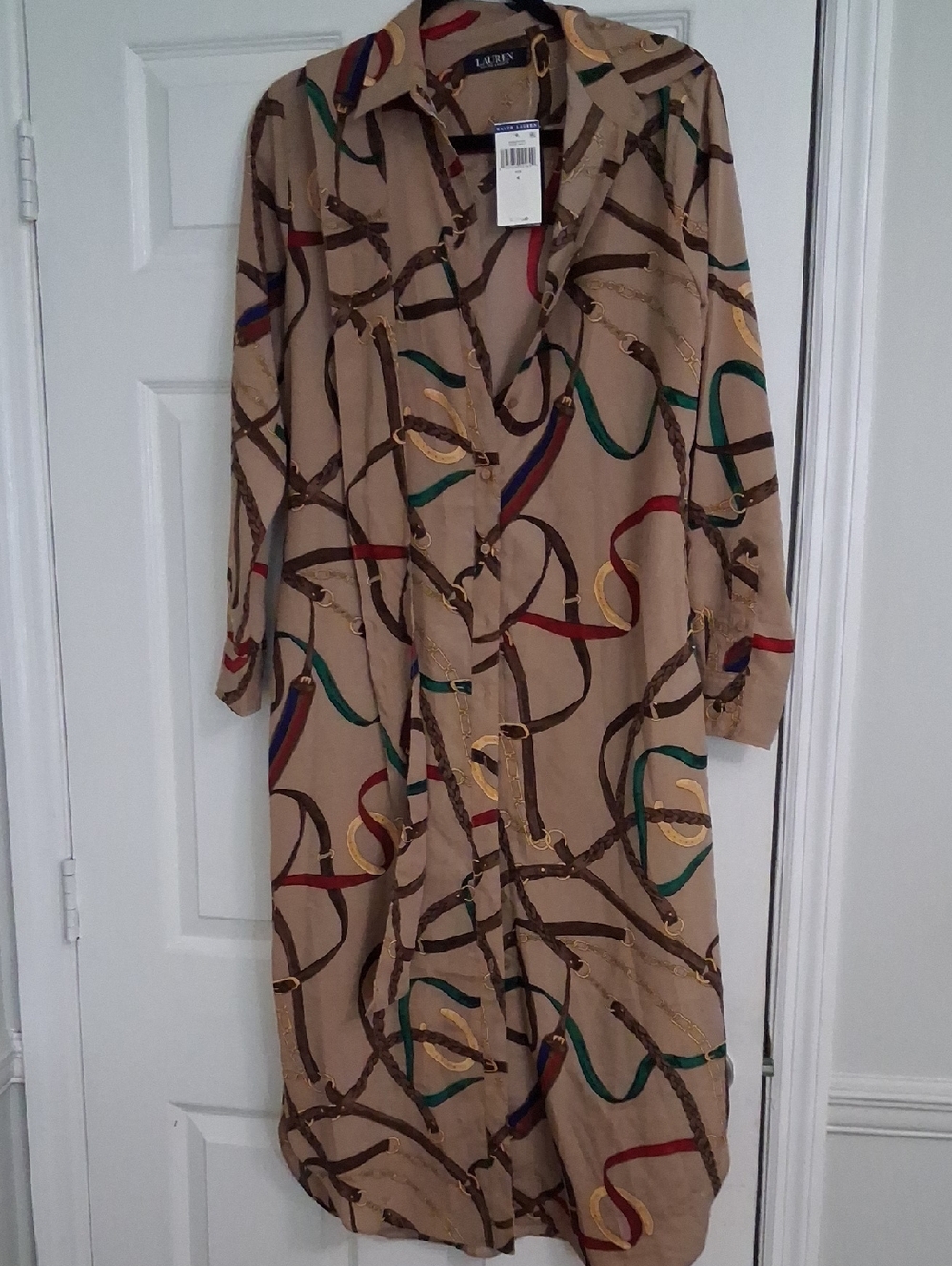 Ralph Lauren Tan Chain-Print Button Shirt Dress with Multicolor Ribbons